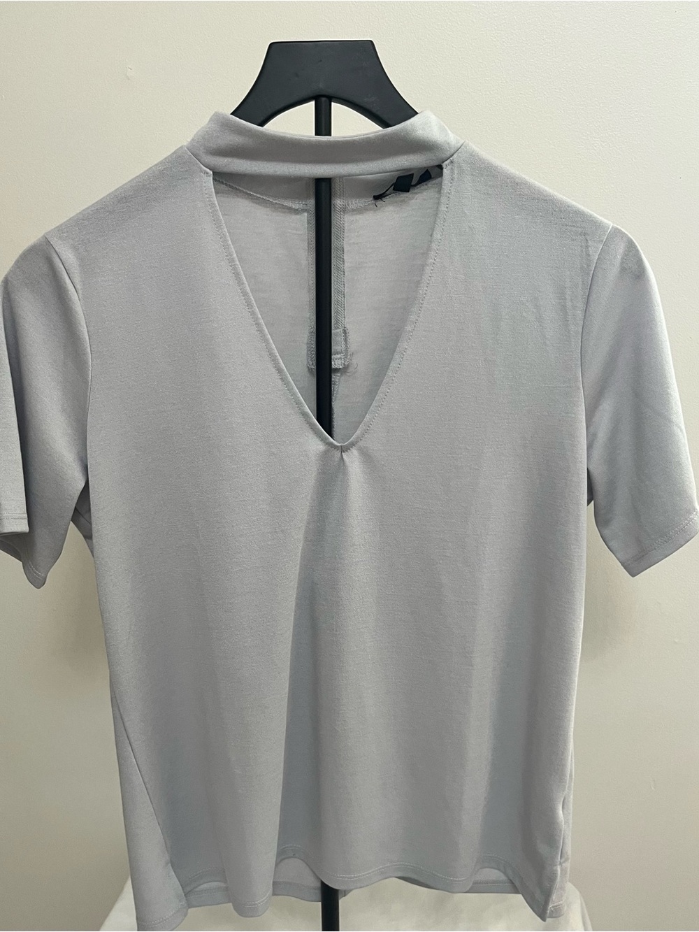 Dynamite Light Gray V-Neck Mock Collar Short Sleeve Top